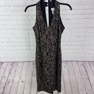 Cache Black and Gold Lace Cocktail V-Neck Dress Button Neck Size 2